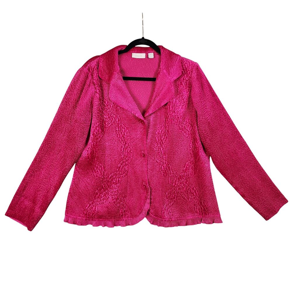 Chicos Womens Chenille Button Front Blazer Jacket Size Large Hot Pink Ruffles‎